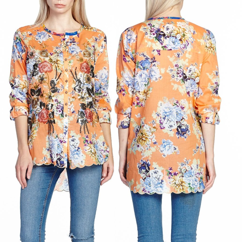 Aratta Claudine Agnes Shirt • Small • Reg $182 • Floral • Scalloped Hem •